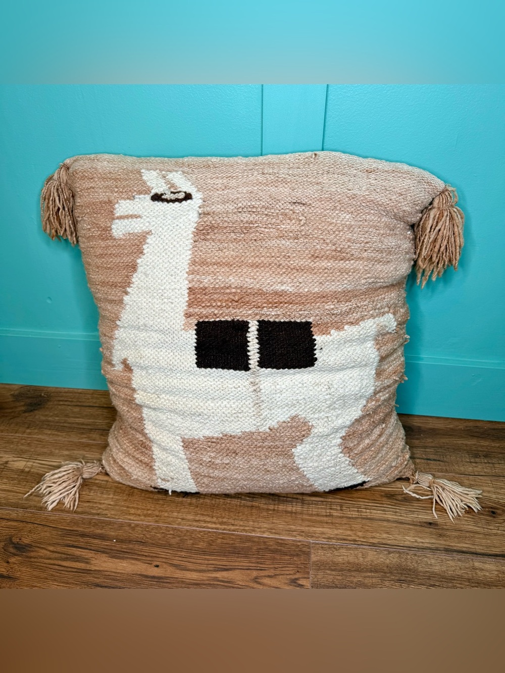 Hand Knit Vintage Llama Pillow Peruvian Fiber Art Danish Style Huge 23” x 23”